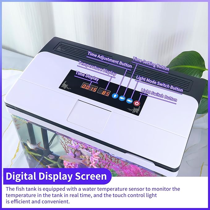 Glass Aquarium Fish Tank Starter Kit with Temperature and Time Display for Betta Fish Featuring Crystal Clear 360° Viewing, Eco-Cycle Filtration, Air Pump 12 Gallon