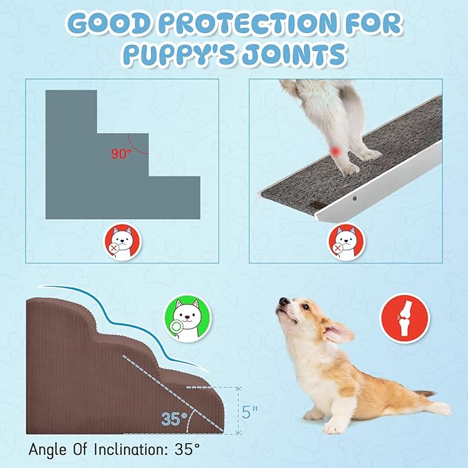 Dog Stairs & Steps for High Beds, 2 Steps High Density Foam Waterproof Dog Ramp for Small Dogs and Cats, Pet Stairs with Washable Cover for Bed, Couch, Sofa and Car, Coffee (H: 11.8")