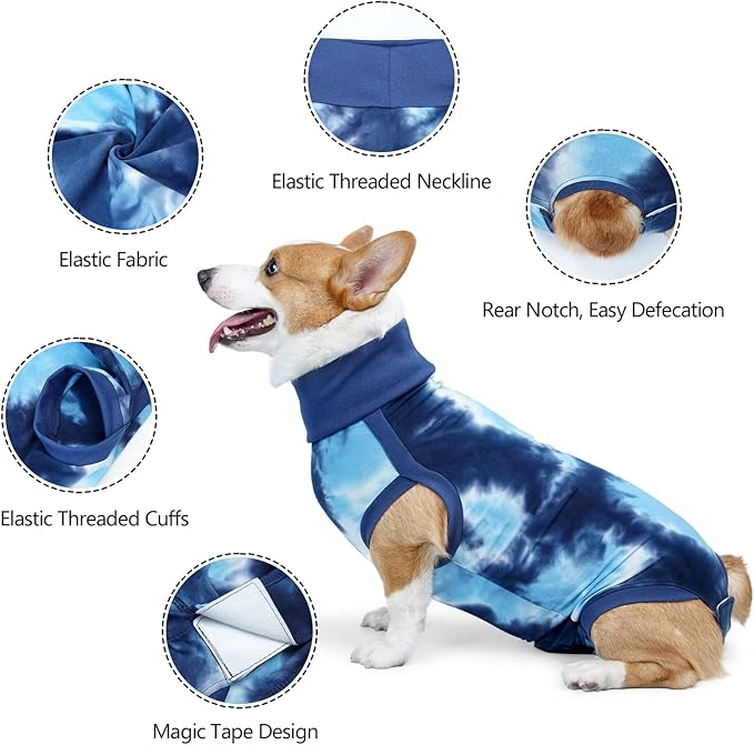 Dog Onesie Suit for Medium Large Dogs Recovery Suit for Tie Dye Pajamasfor Abdominal Wounds, Shedding, Prevent Licking L Blue2