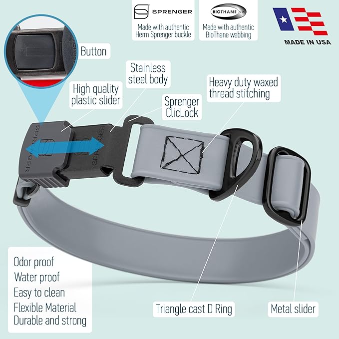 Dogline Biothane Waterproof Dog Collar with Herm Sprenger Black Stainless Steel Quick Release Buckle – Heavy Duty Tactical Durable Collar for Dogs – Comfortable and Safe Pet Collar W3/4" L12-19 Gray