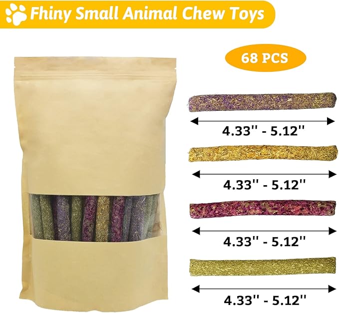 Fhiny 68 PCS Rabbit Chew Sticks, Natural Petals Timothy Hay Sticks Guinea Pig Chewing Toys for Teeth Small Animals Molar Snacks for Bunny Guinea Pig Chinchilla Hamster