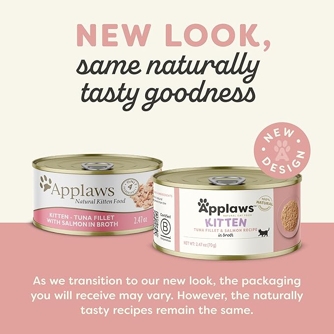 Applaws Natural Wet Kitten Food in Broth, Limited Ingredient Canned Wet Kitten Food, No Additives, Made with Natural Ingredients, Tuna Fillet & Salmon in Broth (24 x 2.47oz Cans)