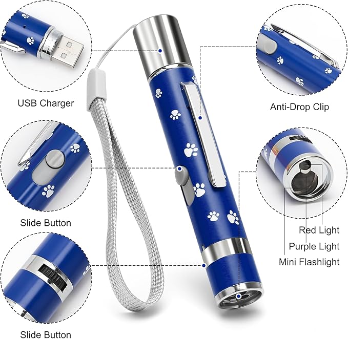 EAWONGEE Rechargeable Cat Toys - Indoor/Outdoor Cats Chase Light Toy for Kitty & Dog with 3 Light Modes, 5 Patterns, Blue