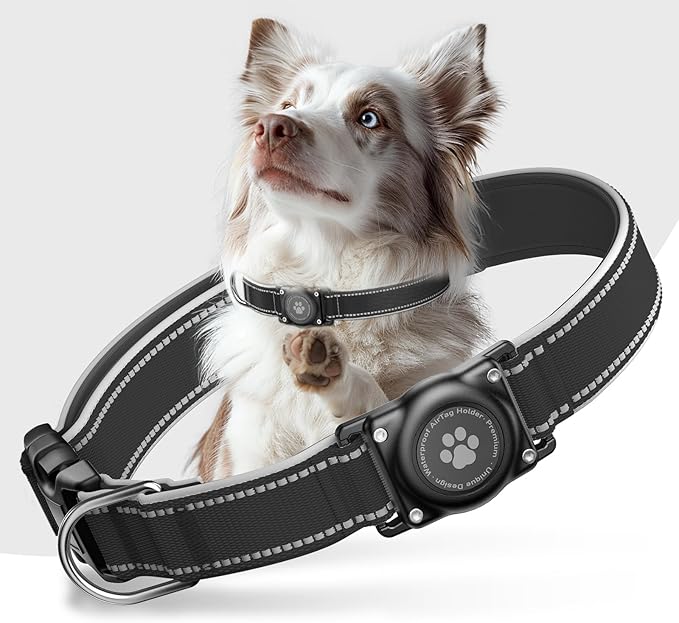 Airtag Dog Collar - 100% Waterproof Air tag Dog Collar Holder for Apple AirTag, Reflective, Soft Padded, Everlasting, GPS Dog Collar for Small Medium Large Dogs (Black, S)
