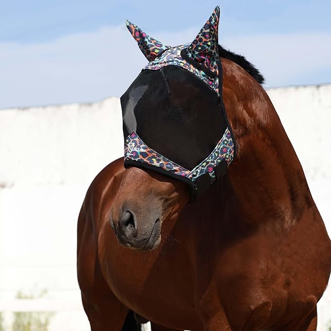 Harrison Howard Pro LumiVista Horse Half Face Fly Mask Large Eye Space with Ears UV Protection for Horse Iridescent Prints L