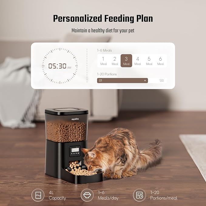 Espelho Automatic Cat Feeder- 4L Timed Cat Food Dispenser 1-6 Meals Control for Cat and Small Dog- Auto Pet Feeder with Desiccant Bag Keep Fresh for Reliable Easy Set Up and Clean- Voice Recorder