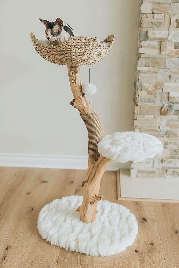 Wooden Cat Climbing Tree Tower, Modern Single Branch Cat Condo, Wood, Cat Lover Furniture Gift by MAU LIFESTYLE (Alpine White)