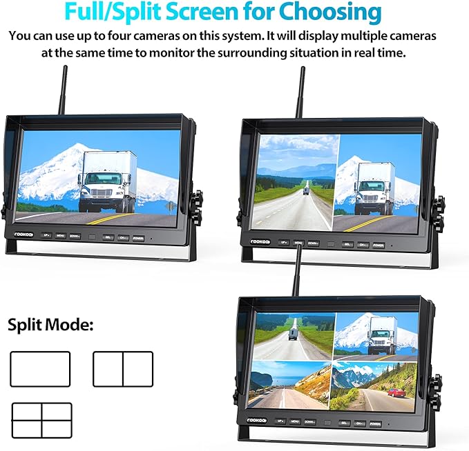 Fookoo HD 10" Wireless Backup Camera System, 1080P 10-inch Quad Split Monitor w/Recording, Waterproof Side & Rear View Cameras, 4 Channel, Digital Signal, Parking Lines for RV/Truck/Trailer