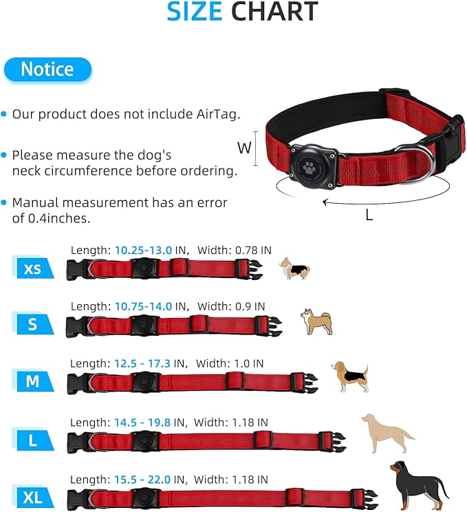 Upgraded AirTag Dog Collar, IP68 Waterproof Air Tag Dog Collar Holder, Reflective, Ultra-Durable, Comfortable Padded, Heavy Duty Dog Collars for Small Medium Large Dogs (L (14.8"-20.3"), Red)