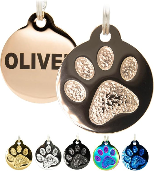Engraved Pet Tag for Dogs and Cats - Personalized Front & Back up to 4 Lines of Text Custom Engraved ID, Round Paw Print Solid Plating Stainless Steel Rose Gold Regular