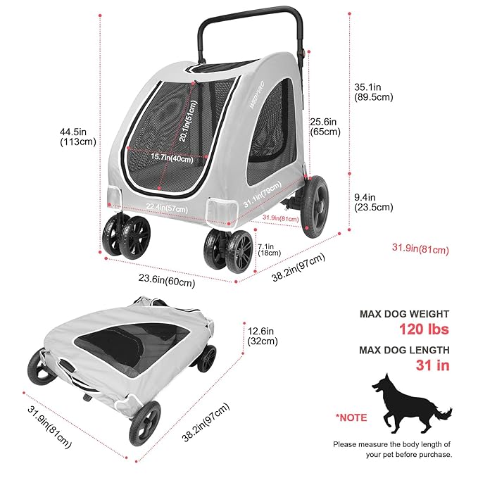 Large Dog Travel Stroller with 4 Heavy Duty Wheels Pet Stroller with Adjustable Handle - Double Doggie Capacity Jogger Wagon with Back Front Door for Small Medium Large Dogs (Grey)