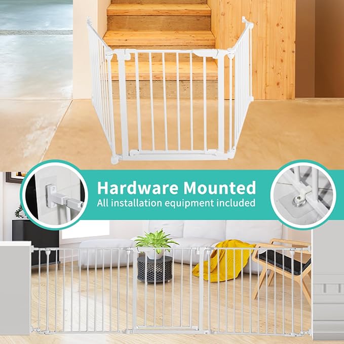 Extra Wide Baby Gate, 30" Tall 189" Wide Configurable Baby Gate Fireplace Safety Fence, Metal Pet Safety Playpen for Toddler/Pet/Dog Christmas Tree Fence (Whtie, 8-Panel)