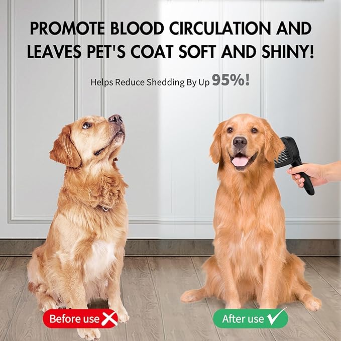 Dog Self Cleaning Slicker Brush for Shedding, Ideal for Short Long Haired Dogs, Including Cat. Removes Loose Fur, Undercoat, Mats, Tangled Hair. Suit for Large Medium Small Animal, Black