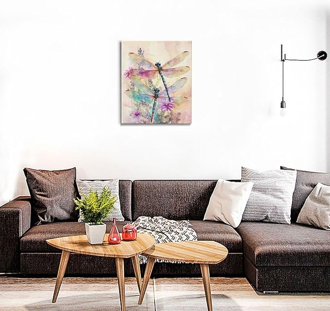 Dragonfly Bathroom Pictures Wall Art, Floral Bathroom Wall Decor, Framed Painting Canvas Artwork for Bedroom Living Room Decorations 24"L x 20"W