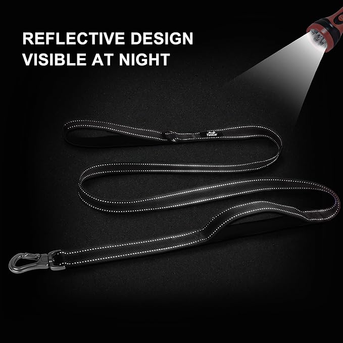 TwoEar 4FT 1IN Strong Black Dog Leash with 2 Padded Handles, Traffic Handle Extra Control, Comfortable Soft Dual Handle, Auto Lock Hook, Reflective Walking Lead for Small Medium and Large Dogs