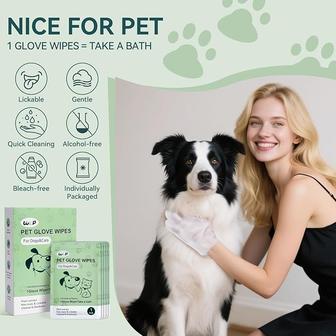 WLP Pet Glove Wipes for Dogs & Cats, Cleaning Deodorizing Hypoallergenic Hydrating Grooming Wipes, Individually Wrapped, Enriched with Aloe & Jojoba Oil for Daily Care, Traveling (24 PCS)