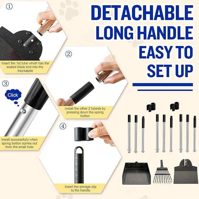 Dog Pooper Scooper for Large Dogs, 3 Pack Adjustable Long Handle Metal Tray, Rake and Spade Poop Scoop with Bin for Pet Waste Removal, No Bending Clean Up for Medium and Large Dogs