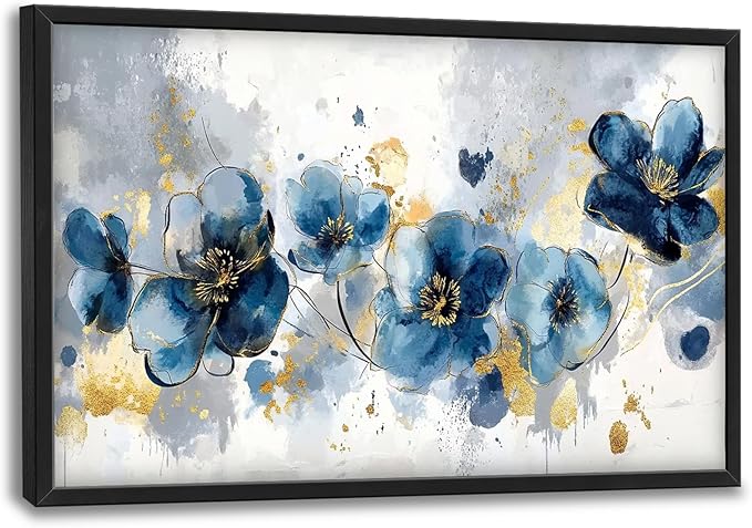 Extra Large Framed Abstract Blue Flower Wall Art,Oversized Golden Grey Floral Wall Decor Pictures for Living Room,Canvas Print Painting Modern Artwork Bedroom Office Bathroom Home Decor 36L" x 24W"
