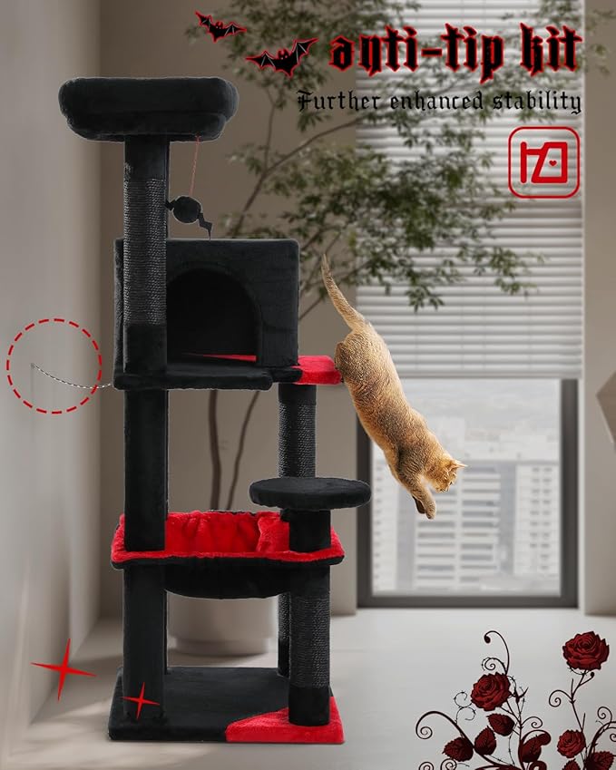 Gothic Cat Tree with Super Large Hammock, 45.7" Black Cat Tower with Coffin Bed, Cat Condo, Sisal Scratching Posts & Top Perch, Multi-Level Goth Cat Tree, Halloween, Black