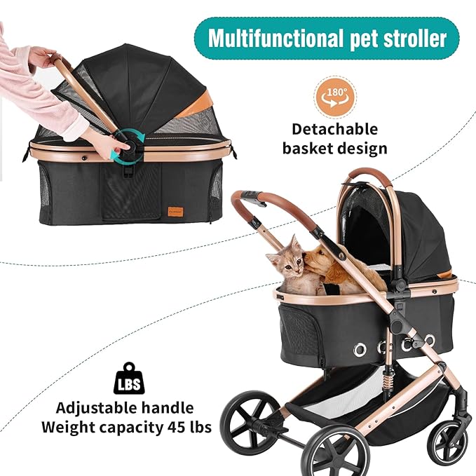 EchoSmile 4 in 1 Pet Stroller, Folding Lightweight Cat & Dog Stroller with Detachable Carrier, NO-Zip 180° Reversible Canopy, All Terrain 4-Wheel,45 lbs Capacity for Small to Medium Dogs