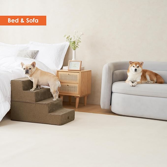 EHEYCIGA Dog Stairs for Bed 20" H, 4-Step Extra Wide Dog Steps for High Bed, Pet Steps for Small Dogs and Cats, Non-Slip Balanced Pet Ramp Indoor, Camel
