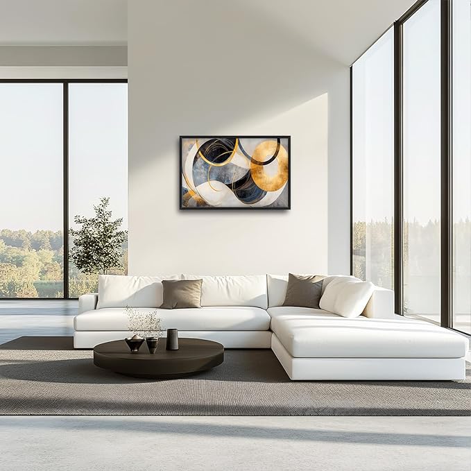 Large Abstract Wall Art for Living Room, Oversized Abstract Circle Wall Decor, Black and Golden Abstract Canvas Painting Modern Artwork Home Decoration for Living Room Bedroom Office Framed 36"x24"