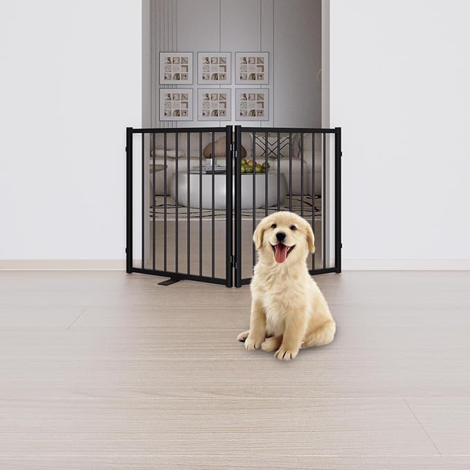 Full Metal Freestanding Dog Gate with Door, 24'' Height Foldable Pet Dog Fence for Indoor & Outdoor, 2 Panels Extra Wide Free Standing SmallDog Gates for Doorways,House,Stairs,Porch,Deck,Yard