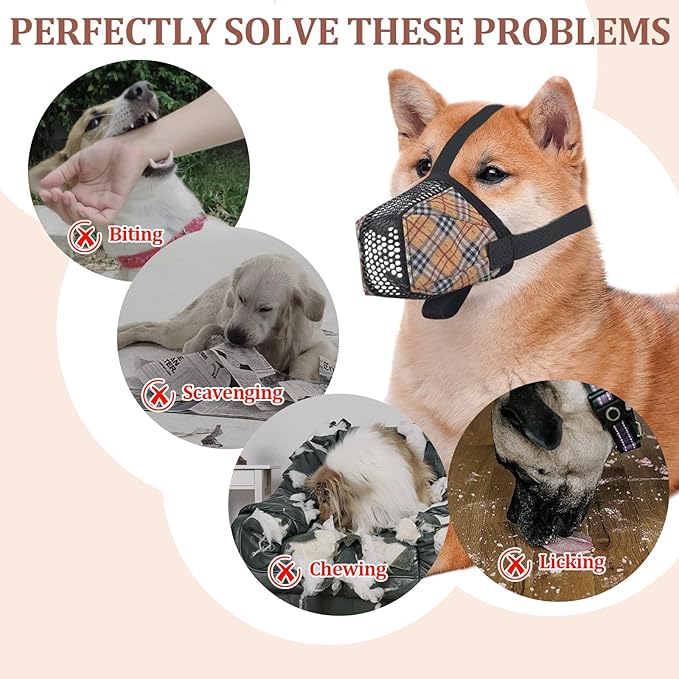 Dog Muzzle for Small Large Dogs - Soft Nylon Basket Muzzle with Adjustable Strap, Breathable Mesh Design Prevents Biting Chewing Licking Eating - Ideal for Training, Grooming & Vet Visits (Yellow, L)