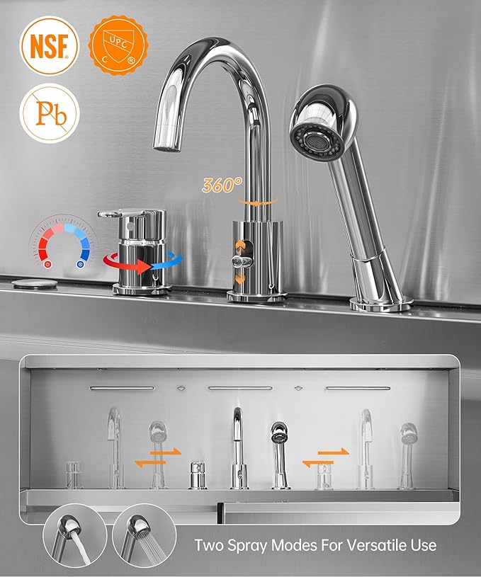 POLIMO Dog Washing Station, LED Professional Stainless Steel Dog Bathing Station 50", Dog Grooming Tub for Large, Medium & Small Dog - with Window, Ramp, Drawer, Floor Grate & Faucet (Right RAMP, 50")