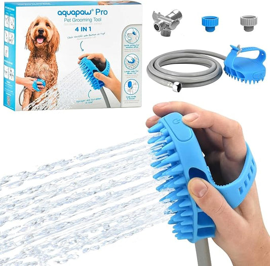 Aquapaw Dog Bath Brush Pro & Dog Shower Attachment - Large Silicone Rubber - Sprayer & Scrubber in One with 8ft Hose Attachment & Shower Wand for Bathing - Pet Bath Supplies