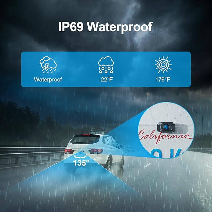 Fookoo HD 1080P 5-inch Wireless Backup Camera, 5" Split Screen Monitor Rear View Licence Plate Camera, DIY Guide Lines Wide Angle IP69 Waterproof Easy to Install for Car Pickup Van SUV - DW5CT