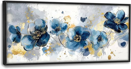 Extra Large Framed Abstract Blue Flower Wall Art,Oversized Golden Grey Floral Wall Decor Pictures for Living Room,Canvas Print Painting Modern Artwork Bedroom Office Bathroom Home Decor 60L" x 30W"