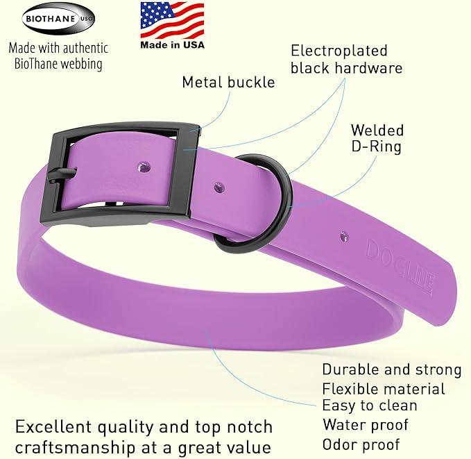 Dogline Biothane Waterproof Dog Collar Strong Coated Nylon Webbing with Black Hardware Odor- Proof for Easy Care Easy to Clean High Performance Fits Small Medium or Large Dogs, Amethyst Purple
