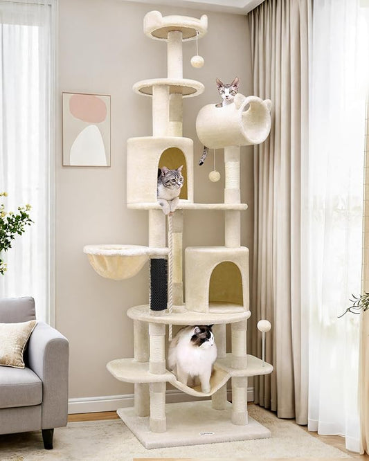 Globlazer Artistic Curved Cat Tower for Small Cats (Under 12 lbs), 81-inch Slim Design Cat Tree with Space-Saving Design, Indoor Cat Condo with Hammock & Tunnel, C81, Beige, Non-Large Cats
