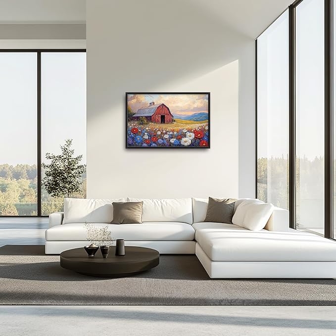 Large Farmhouse Barn Daisy Wall Art for Living Room, Floral Landscape Canvas Oversized Wall Decor, Flower Scenery Framed Pictures Painting Print Artwork for Bedroom Office 36"L x 24"W