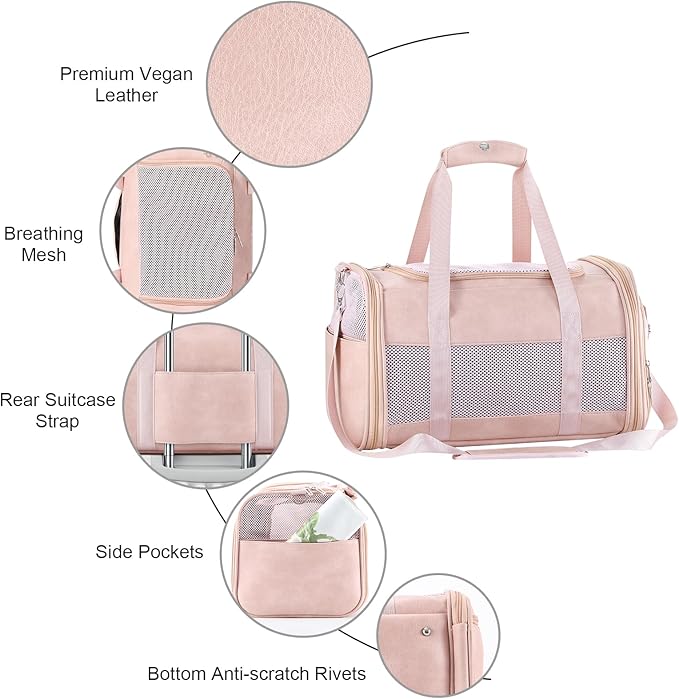 Fashion Leather Dog Carrier, Airline Approved Cat Carrier Soft Sided Pet Bag Carrier Purse for Puppy Kitten Small Animals Pink