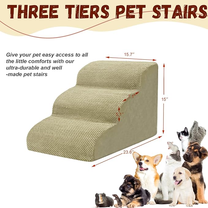 Dog Stairs for Small Dogs - High Density Foam Pet Steps, Extra Wide Dog Ramp with Non-Slip Bottom for High Beds, Couch and Sofa, Best for Dogs Injured, Older Doggy Cats,3 Steps, Camel