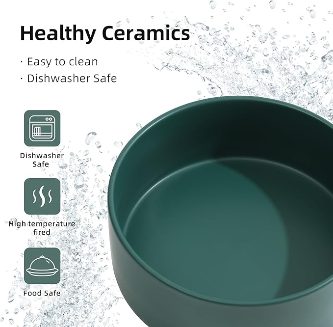 Ceramic Raised Double Bowls Set with Stand, Food & Water Bowls for Large Breed Dogs, Weighted Dog Dishes, Pet Bowl(8.2'',60OZ, Green)