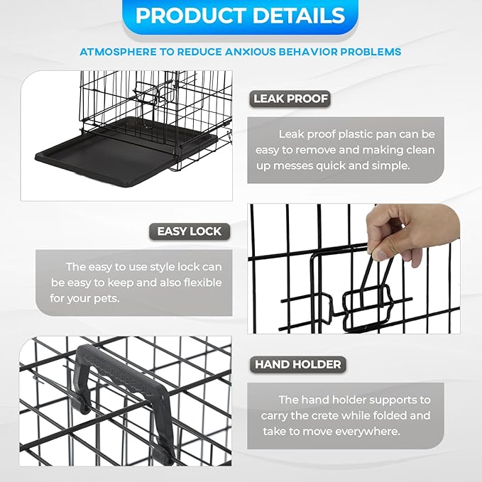 FDW Dog Crate for Small Dogs 18 Inch Folding Metal Wire Pet Cage Double Door W/Divider Panel Indoor Outdoor Kennel Leak-Proof Plastic Tray,Black
