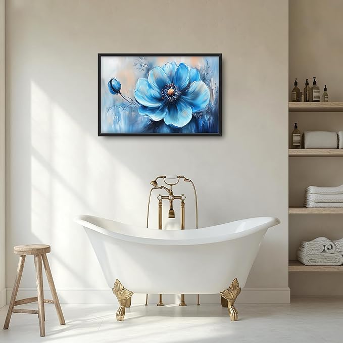Extra Large Abstract Blue Flower Framed Wall Art for Living Room,Oversized Elegant Floral Pictures Wall Decor,Canvas Print Painting Modern Artwork Bedroom Office Bathroom 36L" x 24W"