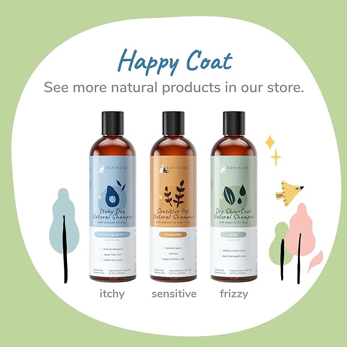 kin+kind Pet Shampoo for Itchy Dog and Cat (12 fl oz) - Soothe Itch and Hot Spot Irritation - Safe, Natural Formula with Olive Oil, Coconut Oil and Avocado Oil - Made in USA