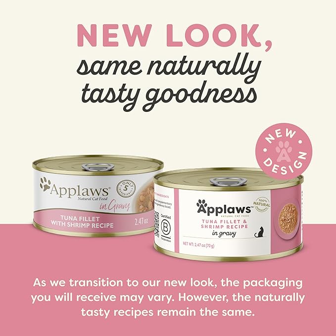 Applaws Natural Wet Cat Food in Gravy, Limited Ingredient Canned Wet Cat Food, No Additives, Made with Natural Ingredients, Tuna Fillet & Shrimp in Gravy (24 x 2.47oz Cans)