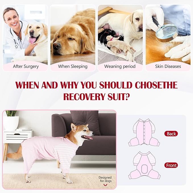 Dog Recovery Suit, Abdominal Wound After Surgery Wear, Anti Licking Bodysuit with Snaps, E-Collar & Cone Alternatives, Long Sleeve Dog Spay Surgical Pajamas Prevent Shedding(XL, Pink)