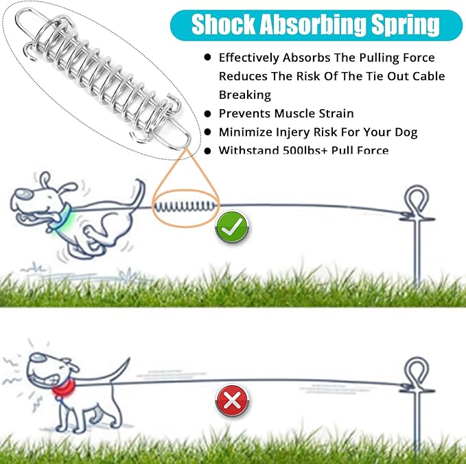 jenico Dog Tie Out Cable, 10/15/20/30/40/50/70/100/150FT Runner Cable with Swivel Hook and Shock Spring, Dog Leash Run Tether for Yard Outdoor and Camping,for Small to Medium Pets Up to 500 LBS