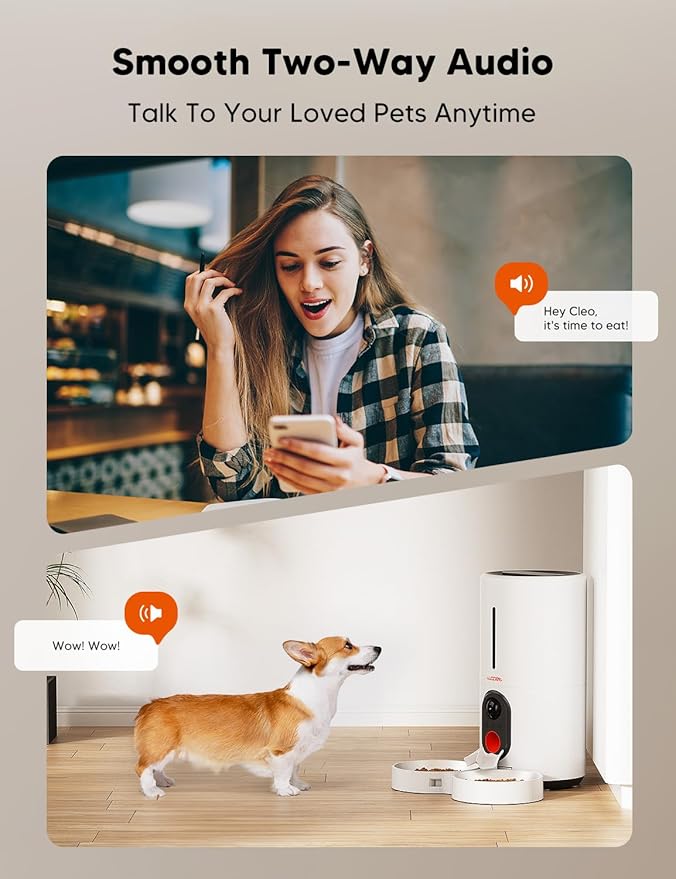 WOPET Automatic Cat Feeder with Camera for Two Cats, 6L Automatic Dog Feeder with HD Video and Night Vision, 5G/2.4G WiFi Pet Feeder for Cats & Dogs, SD Card Storage & 2-Way Audio
