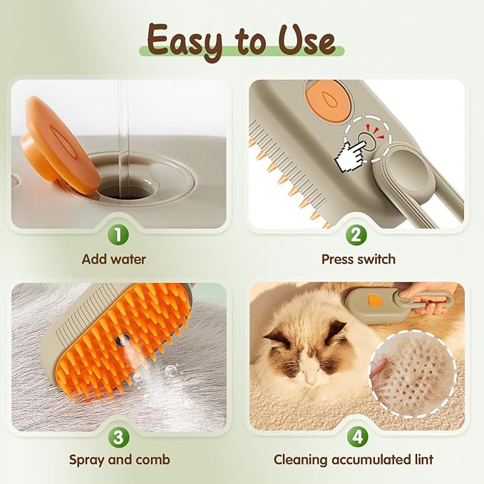 Cat Steam Brush for Shedding, 2025 New 3 in 1 Cat Brushes for Indoor Cats, Pet Steam Groomer Comb, Hair Water Brush Hair Removal Comb for Cats Dogs (Khaki)
