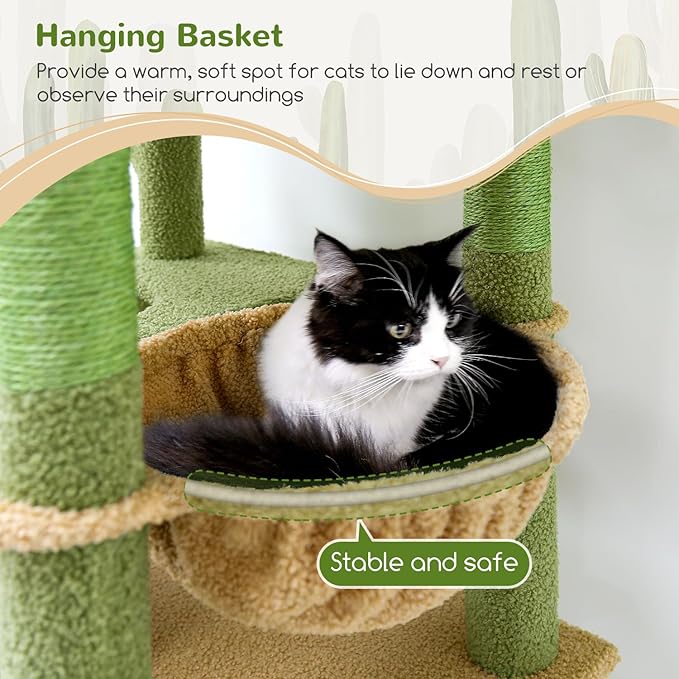 Globlazer Heavy Duty Cactus Cat Tree for Large Cats, Sturdy 72in Maine Coon Cat Tree for Large Cats 20 lbs+ Cactus Cat Tower for Adult Biggest Cats with 6 Scratching Posts, Hammock, S72, Green