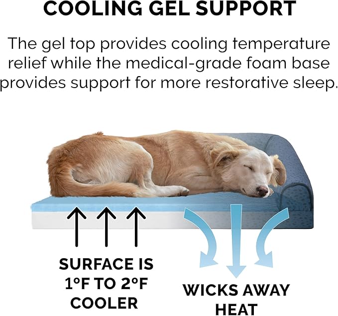 Furhaven Cooling Gel Dog Bed for Large Dogs w/ Removable Bolsters & Washable Cover, For Dogs Up to 95 lbs - Plush & Almond Print L Shaped Chaise - Blue Almonds, Jumbo/XL