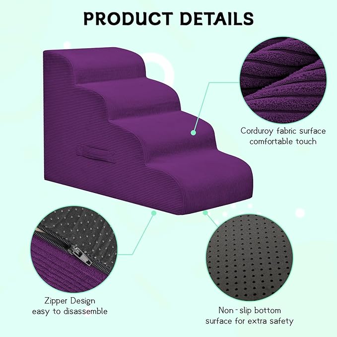 Dog Steps for Small Dogs, 4-Step Dog Ramp and Stairs for High Beds and Sofa, Non-Slip Pet Stairs Removable and Easy to Clean Cover, Purple