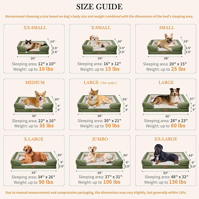 Comfort Expression Waterproof Dog Beds for Large Dogs, Orthopedic Large Breed Dog Beds, Comfy Pet Bed Sofa with Washable Removable Cover & Non-Slip Bottom(Light Green)